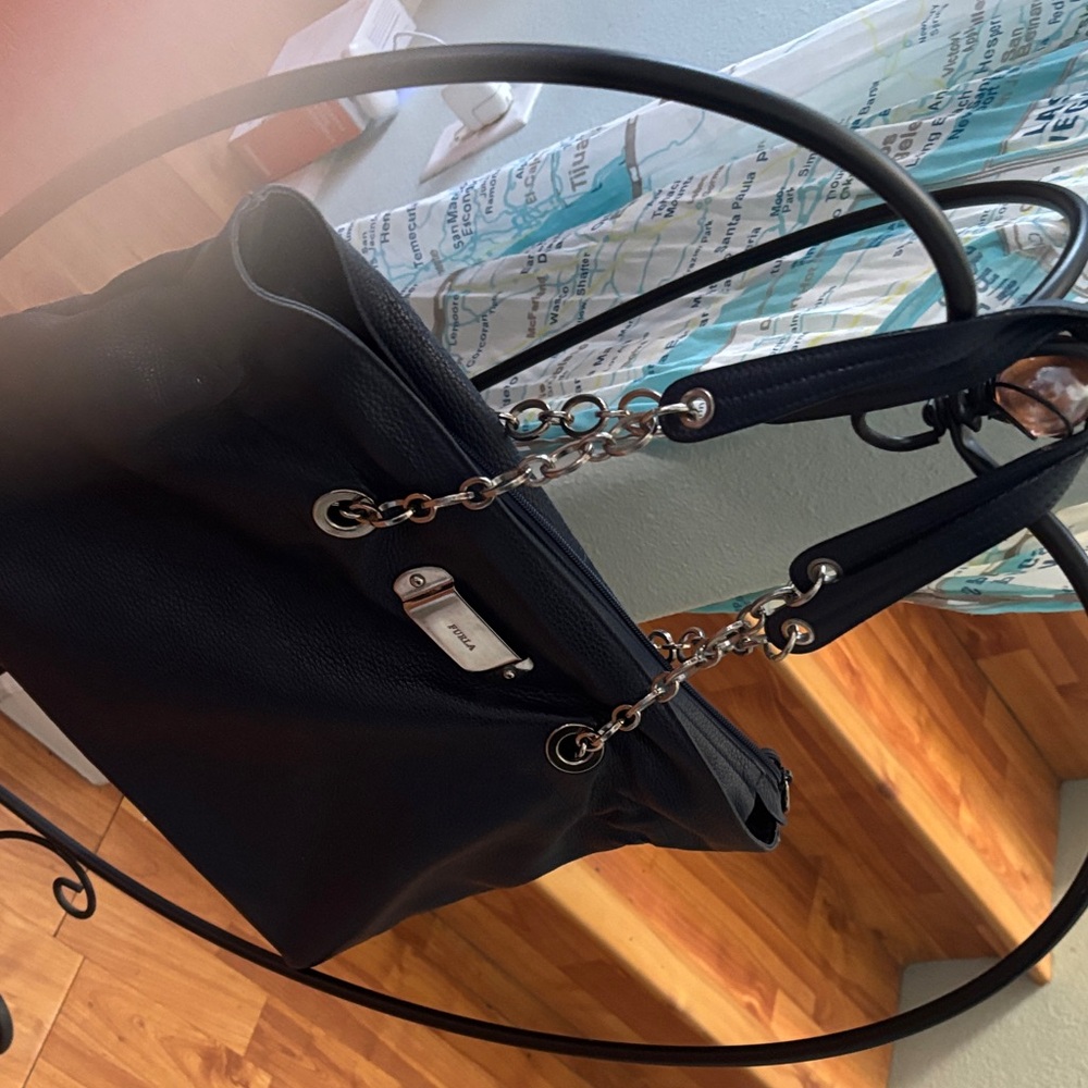 Furla Black Leather Tote with Chain-Strap Detail